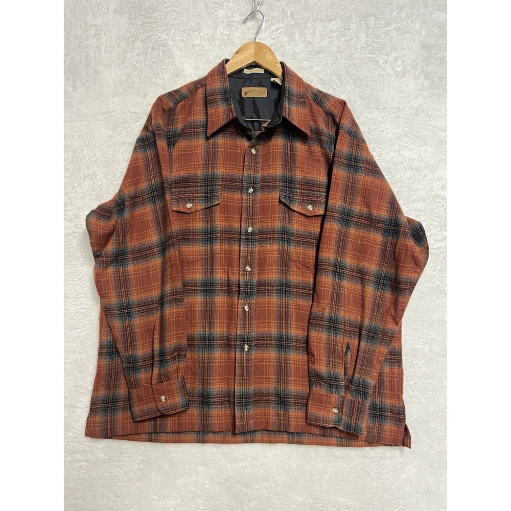 Field & Stream Mens XL Plaid Flannel Shirt Orange Black Button Front Outdoor